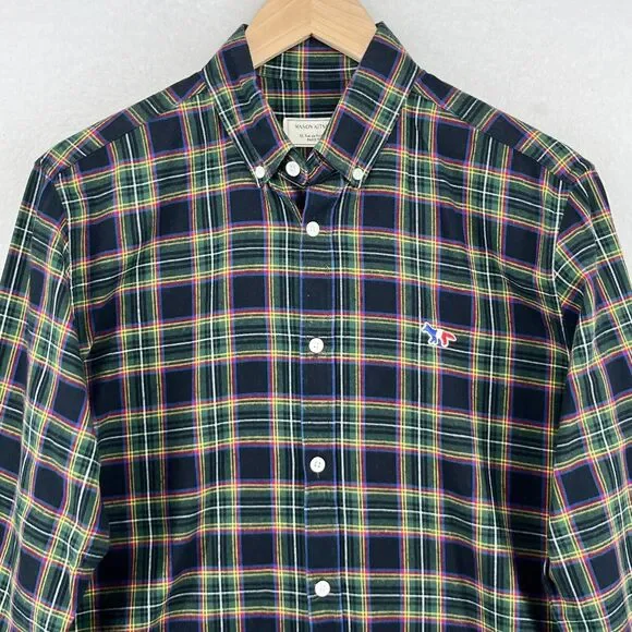 MAISON KITSUNE Shirt Mens 40 L Tartan Plaid Flannel Tricolor Fox Cotton Green - Picture 4 of 14